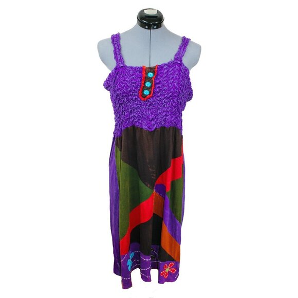 VINTAGE RISING INTERNATIONAL Large Purple Mini Dress Patchwork Slinky Y2k Hippie - Picture 1 of 4